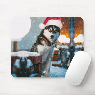 Mousepad Cão Siberiano Husky vestindo chapéu Santa
