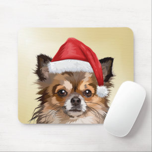 Mousepad Cãozinho Chihuahua de Natal com chapéu de Papai No