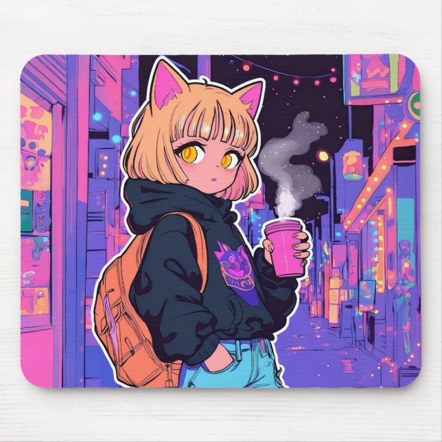 Mousepad Capacho de Rato de Menina Gato Cyberpunk – Estétic (Frente)