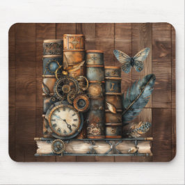 Mousepad Capas de Livros Steampunk em Fundo de Madeira Mous