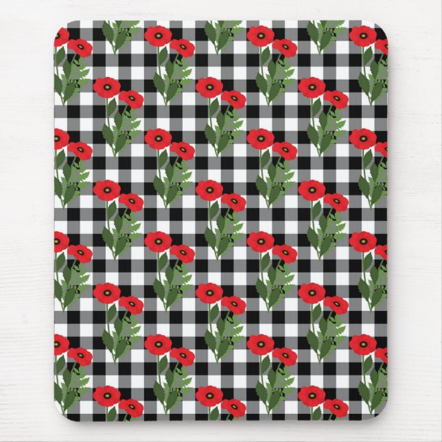 Mousepad Cápsulas Vermelhas chiques, Pretas e Brancas Flora (Frente)