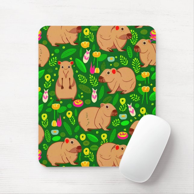 Mousepad Capybara Sketch com Flores de primavera em Verde (Com mouse)