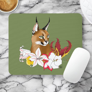 Mousepad Caracal Elegante Gato Selvagem Lírios Floral Verde