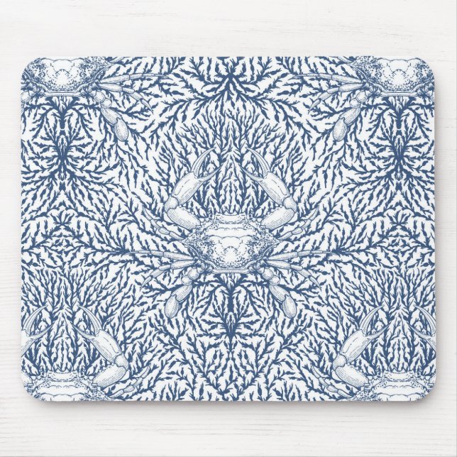 Mousepad Caranguejo e algas marinhas em branco e marinho (Frente)