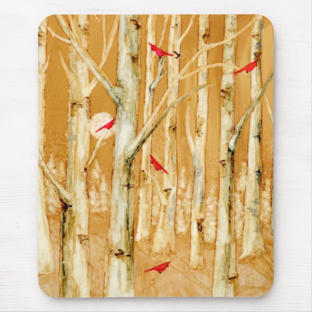 Mousepad Cardeais Vermelhos das Árvores de Birch (Frente)