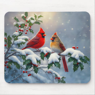Mousepad Cardeais-vermelhos e Azevinho na Neve