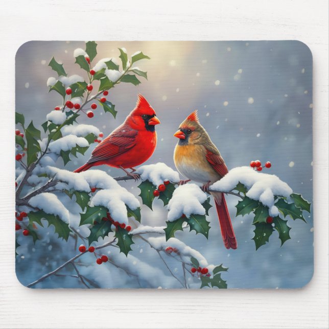 Mousepad Cardeais vermelhos e Holly na neve (Frente)