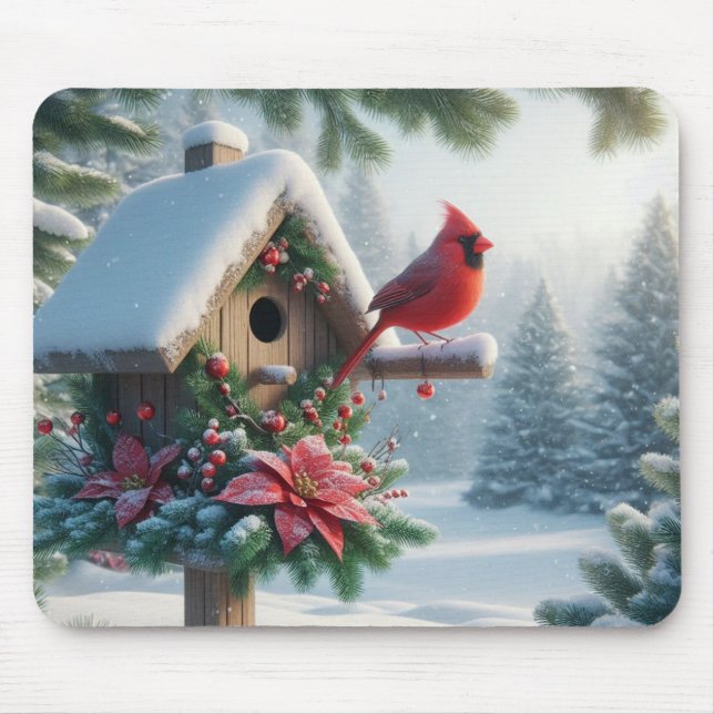 Mousepad Cardeal de inverno em um abrigo festivo (Frente)