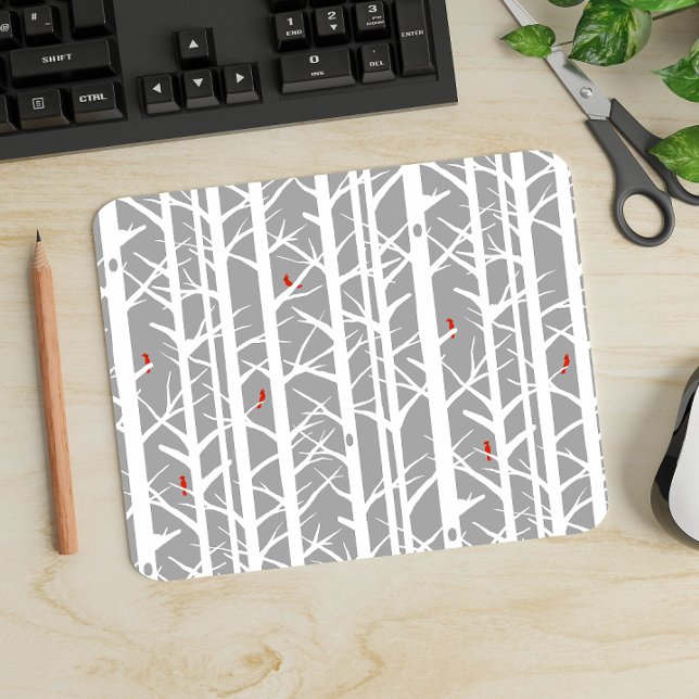 Mousepad Cardinais nas Árvores de Bétula em Cinza Claro (Criador carregado)