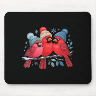 Mousepad Cardinais Vermelhos Fofos Com Chapéus de Tricô Art