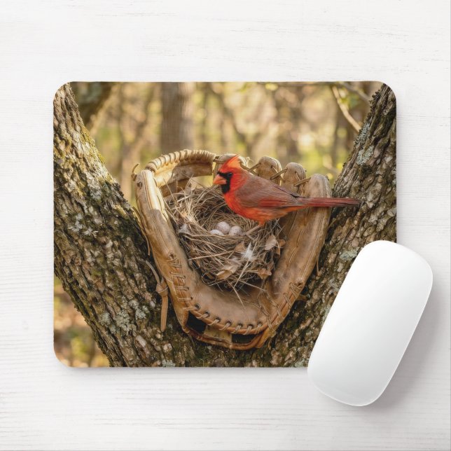 Mousepad Cardinal Nest in a Baseball Glove (Com mouse)