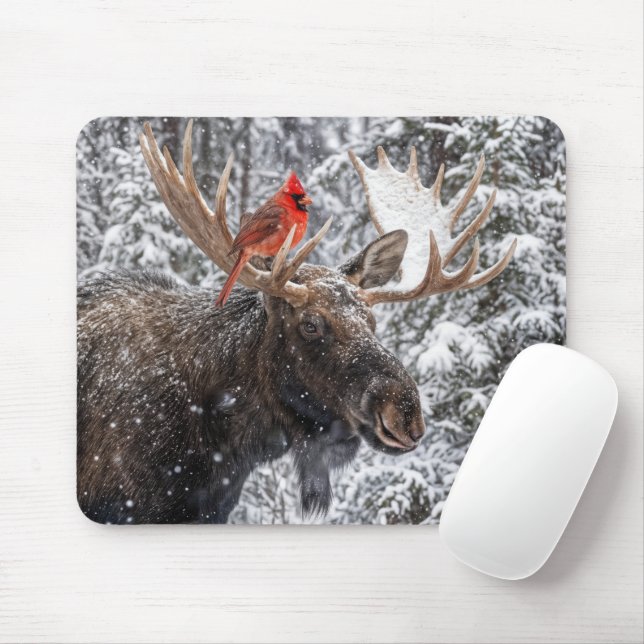 Mousepad Cardinal Vermelho Sobre Galhadas de Alce Nevadas (Com mouse)
