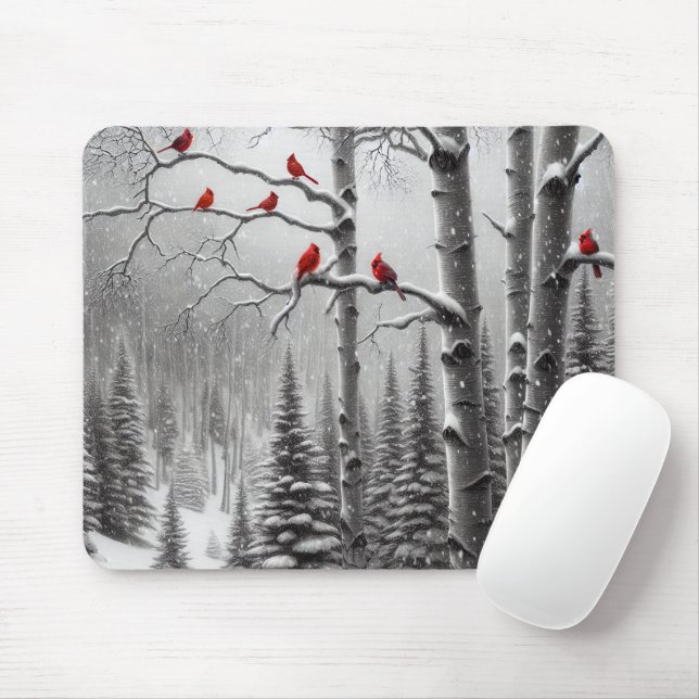 Mousepad Cardinhos Vermelhos Na Floresta De Inverno (Com mouse)