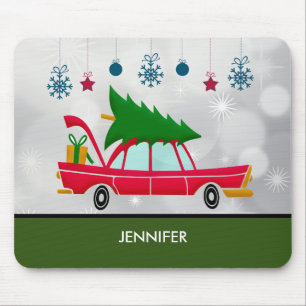 Mousepad Carregando de carro vermelho retrô em árvore de Na