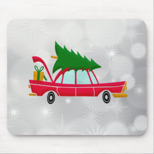 Mousepad Carregando de carro vermelho retrô em árvore de Na