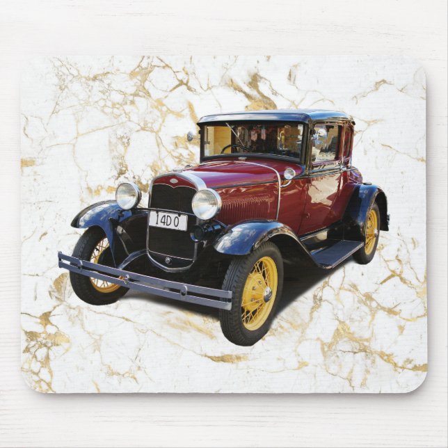 Mousepad Carro Antigo sobre Mármore Branco e Dourado (Frente)