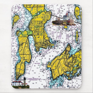 Mousepad Carta náutica de Jamestown RI com faróis