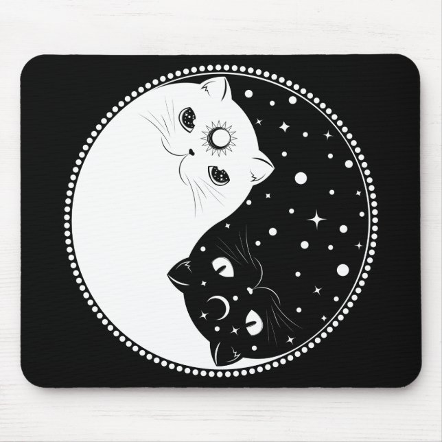 Mousepad Cartoon Black and White cats yin yang sign (Frente)