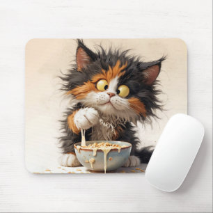 Mousepad Cartoon Calico Cat Brincando Com O Café Da Manhã
