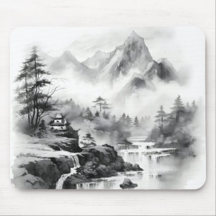 Mousepad Casa Asiática na Pintura de Tinta nas Montanhas