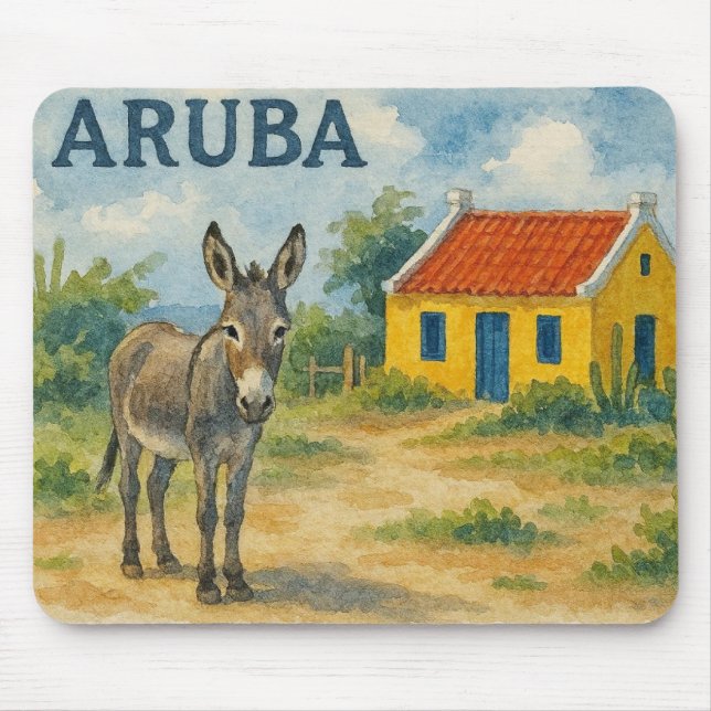Mousepad Casa cunucu amarela de Aruba com burro aquarela (Frente)