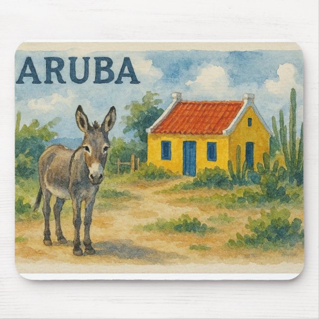 Mousepad Casa cunucu amarela de Aruba com burro aquarela (Frente)