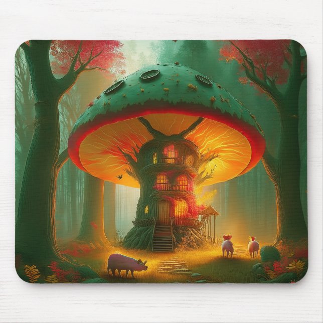Mousepad Casa de Árvore de Cogumelo de Fantasia Com Porcos (Frente)