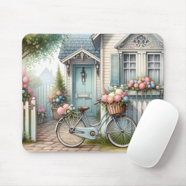 Mousepad Casa de Bicicleta Azul com Cesto de Flores da Prim (Com mouse)
