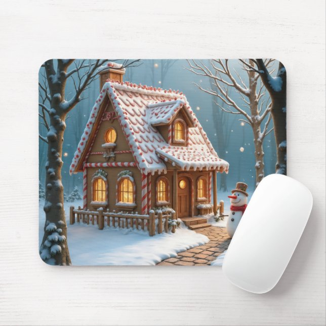Mousepad Casa de Biscoito de Natal com um Boneco de Neve  (Com mouse)