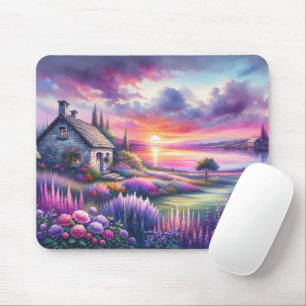 Mousepad Casa de Campo do Pôr do Sol Pastel Jardim à Beira