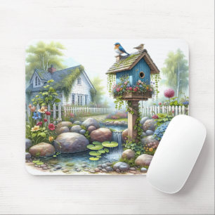 Mousepad Casa de Campo Pássaro Jardim Aquarela