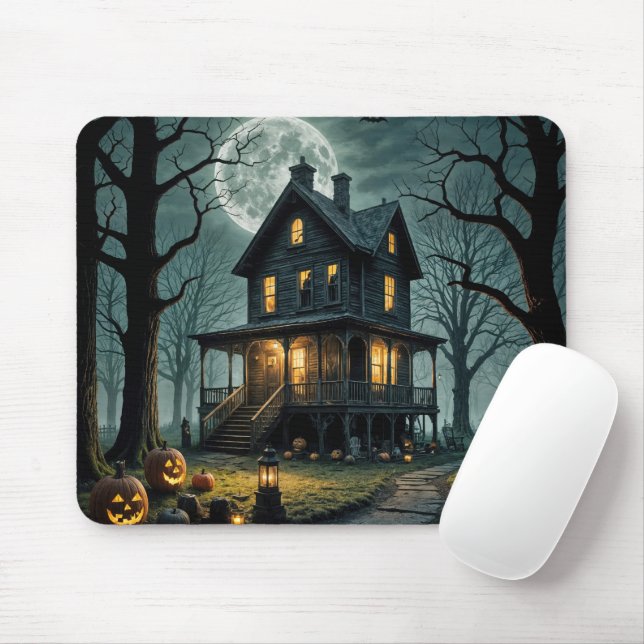 Mousepad Casa de Halloween Assombrada com Jack-o-lanternas (Com mouse)