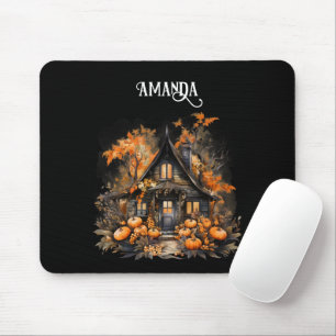 Mousepad Casa de Halloween com Pumpkins e Folhagem