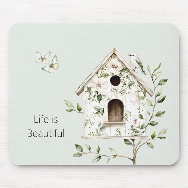 Mousepad Casa de Pássaros Verde Branco Folhas Flores Borbol (Frente)