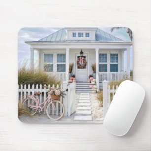 Mousepad Casa de Praia Branca com Abóboras Rosa e Bicicleta