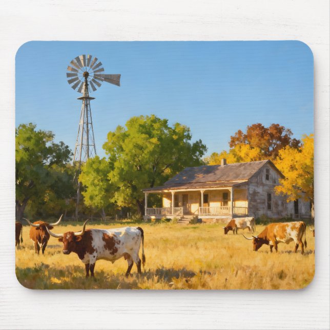 Mousepad Casa de Rancho no Texas no Outono com Longhorns (Frente)