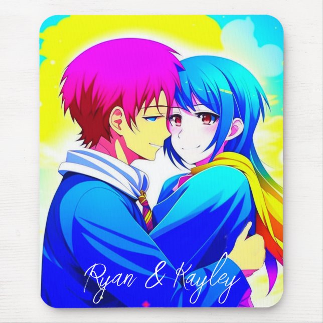 Mousepad Casal de anime personalizado, cor-de-rosa e azul (Frente)
