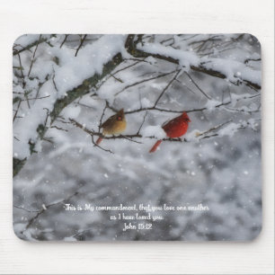 Mousepad Casal de Cardinal em Versículo Bíblico na Neve