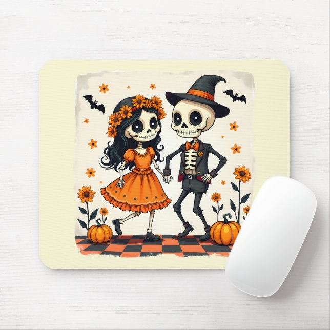 Mousepad Casal de esqueleto de Dia das Bruxas em Laranja (Com mouse)