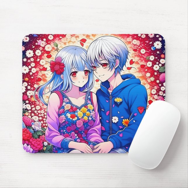 Mousepad Casal, Flores e Corações de Animes (Com mouse)