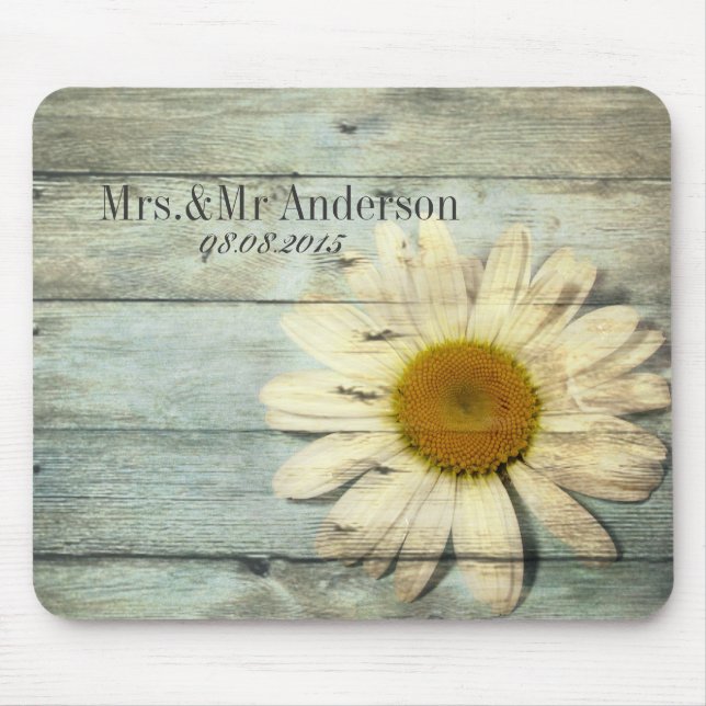 Mousepad casamento de daisy country com madeira azul pastel (Frente)