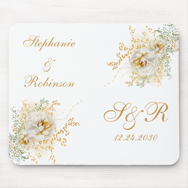 Mousepad Casamento Dourado de Monograma Floral (Frente)