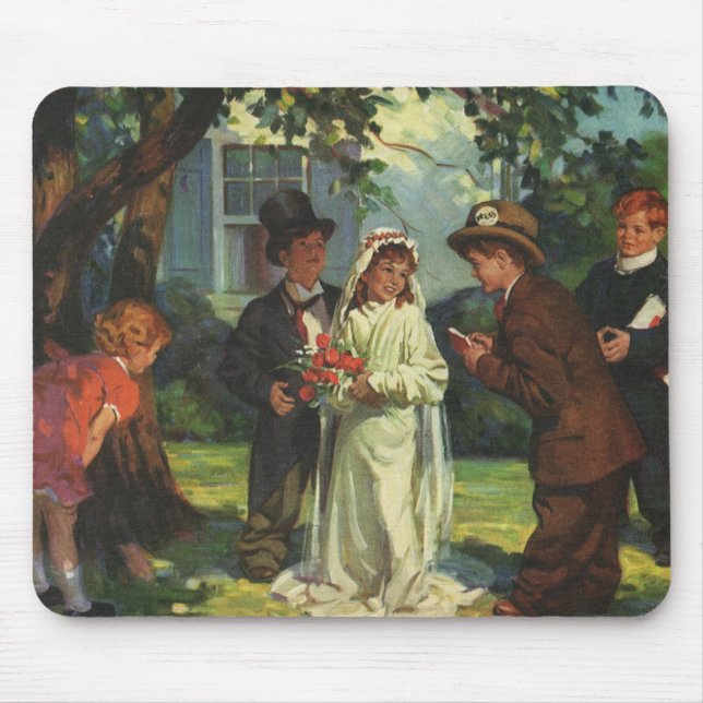 Mousepad Casamento vintage, Crianças Fingem Noiva e Noiva (Frente)