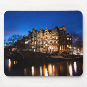 Mousepad Casas do canal de Amsterdão na noite