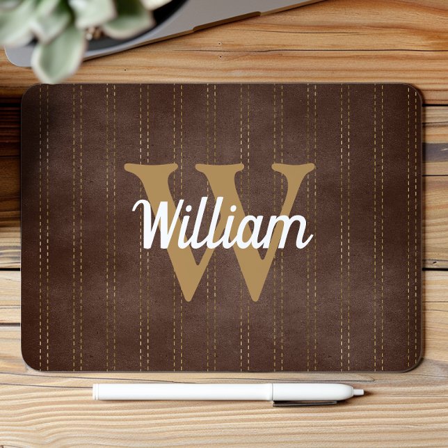 Mousepad Castanho Escuro Pinstripe Retro Tan Monograma (Criador carregado)