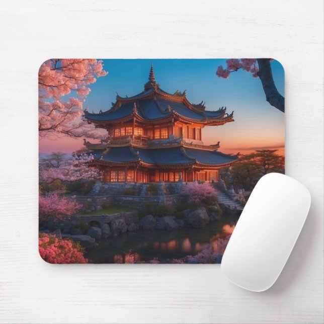 Mousepad Castelo Asiático do Sunset do Jardim (Com mouse)