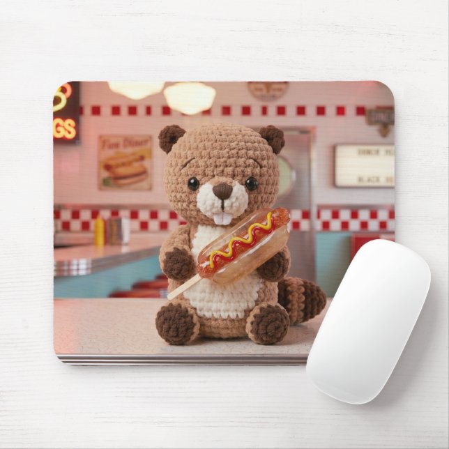Mousepad Castor Adorável Feito à Crochê em Vidro de Lanchon (Com mouse)
