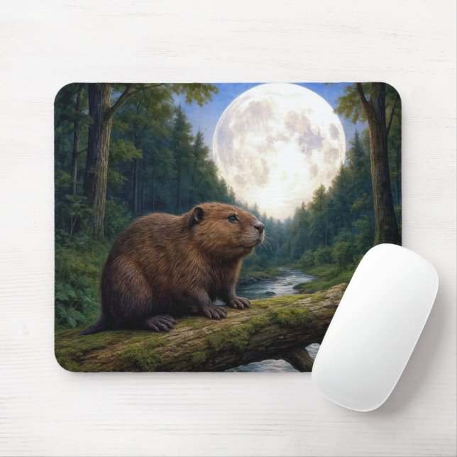 Mousepad Castor em um tronco de rio ao luar (Com mouse)