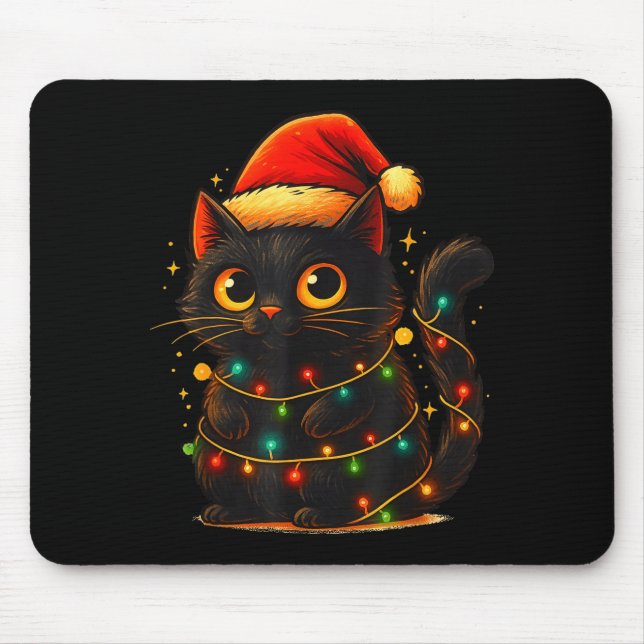 Mousepad Cat Black Christmas Tree Lights Funny Santa Kitten (Frente)