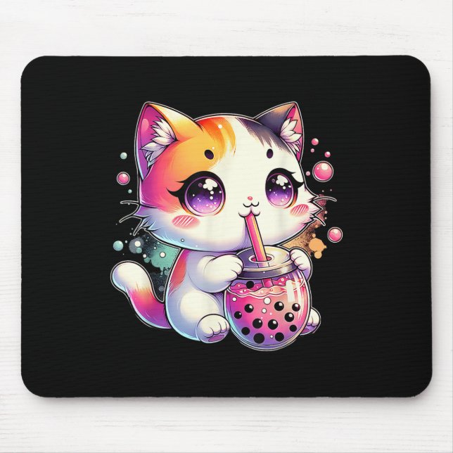 Mousepad Cat Boba Tea Anime Japonês Kawaii Neko Bubble Tea (Frente)